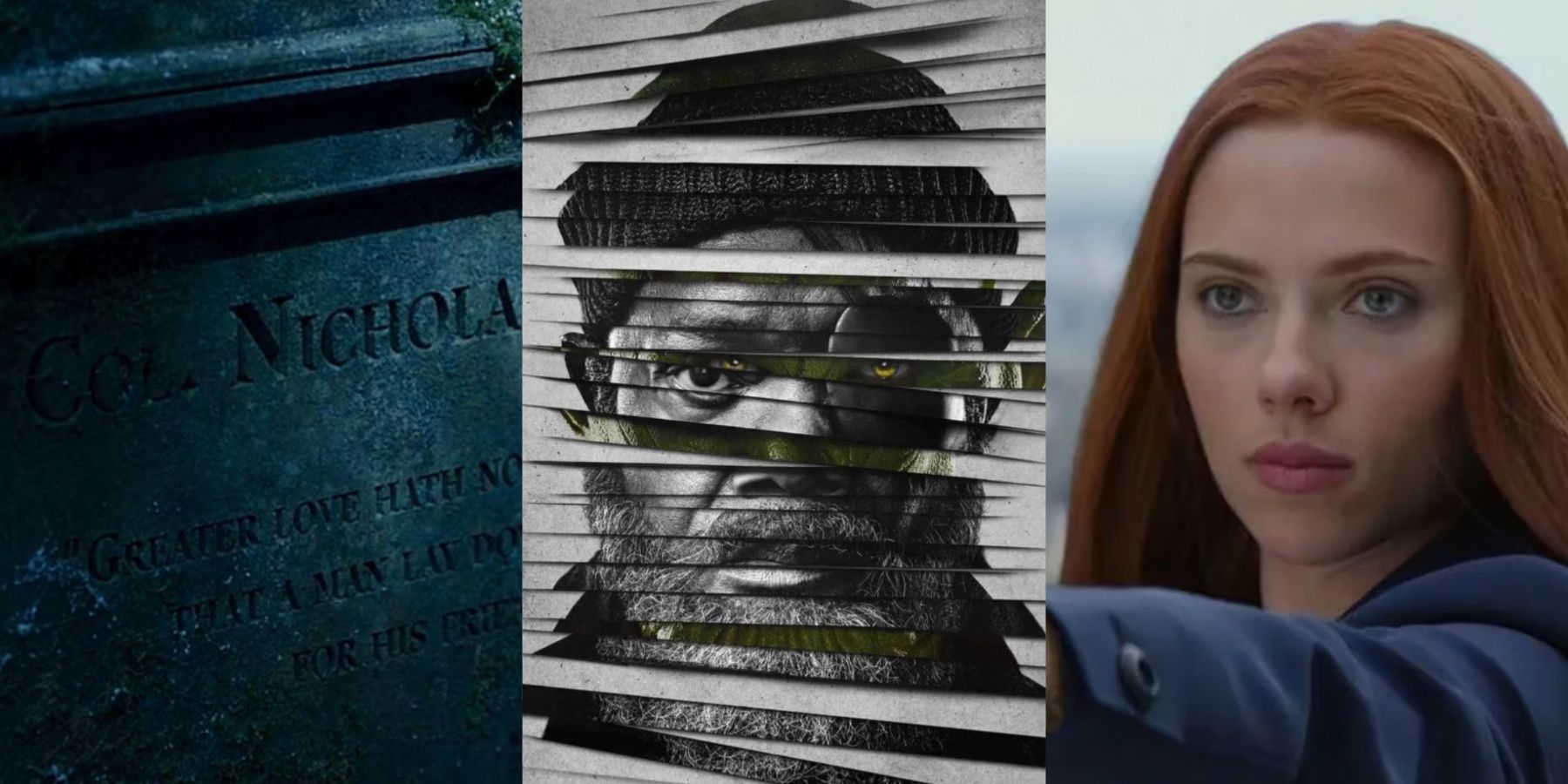 A split image features Fury's headstone in Secret Invasion Episode 5, a Secret Invasion poster of Fury, and Natasha Romaoff in Captain America: The Winter Soldier