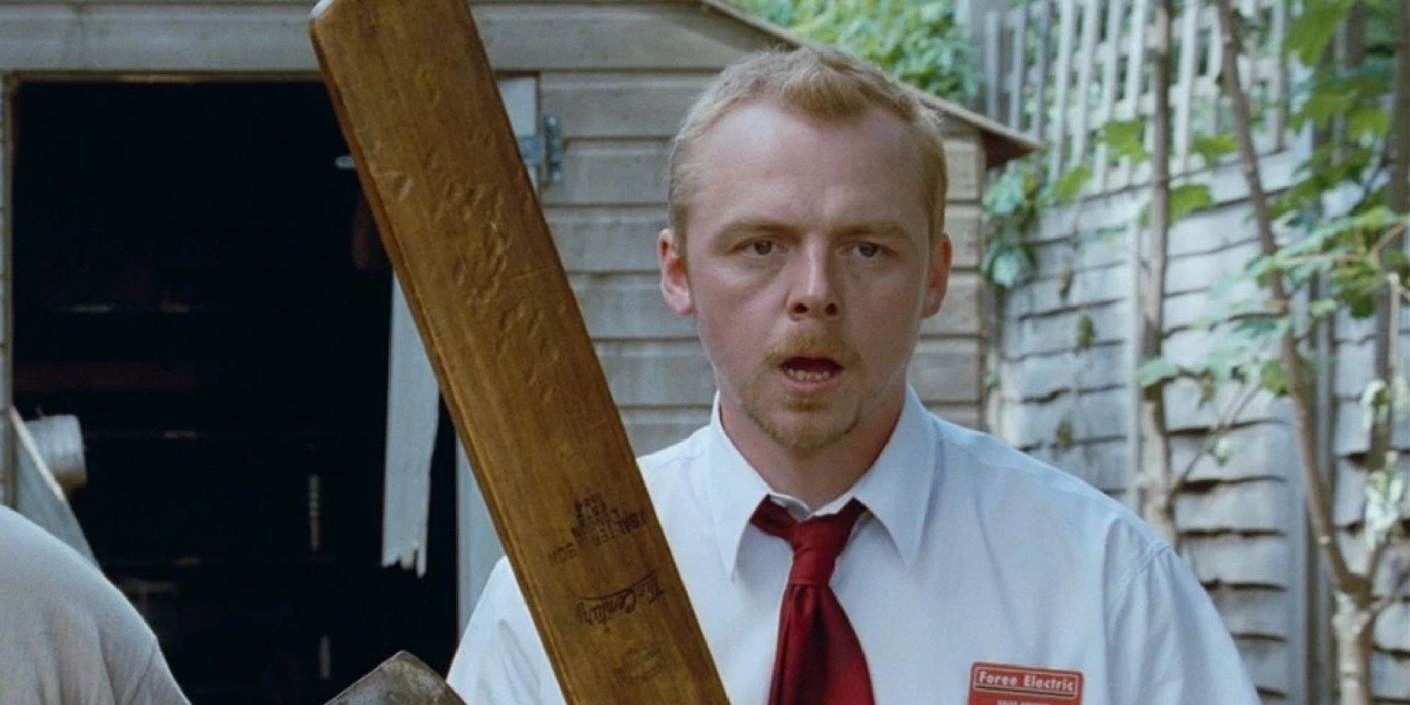 Simon Pegg in the mvie Shaun of the Dead, looking on in open-mouthed defeat as he wields a cricket bat. 