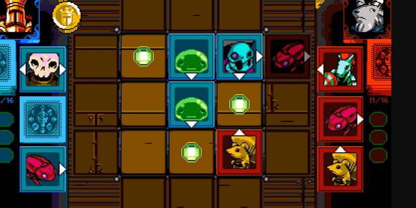 Shovel Knight King of Cards overhead shot of card battle with orbs and creatures