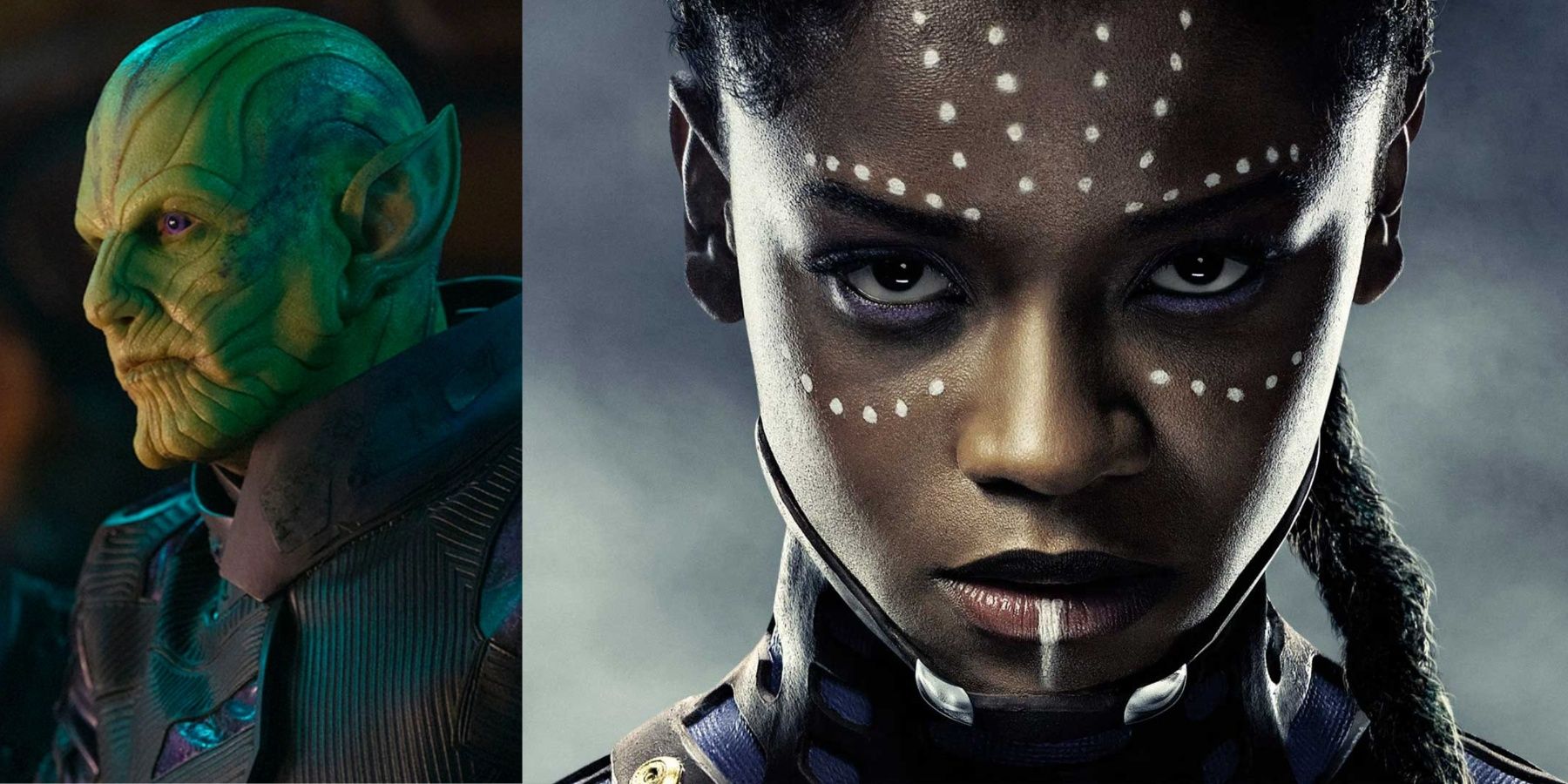 A split image features a Skrull and Shuri in the MCU