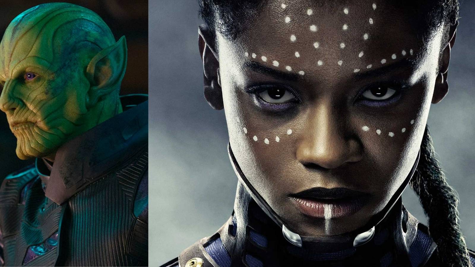 A split image features a Skrull and Shuri in the MCU