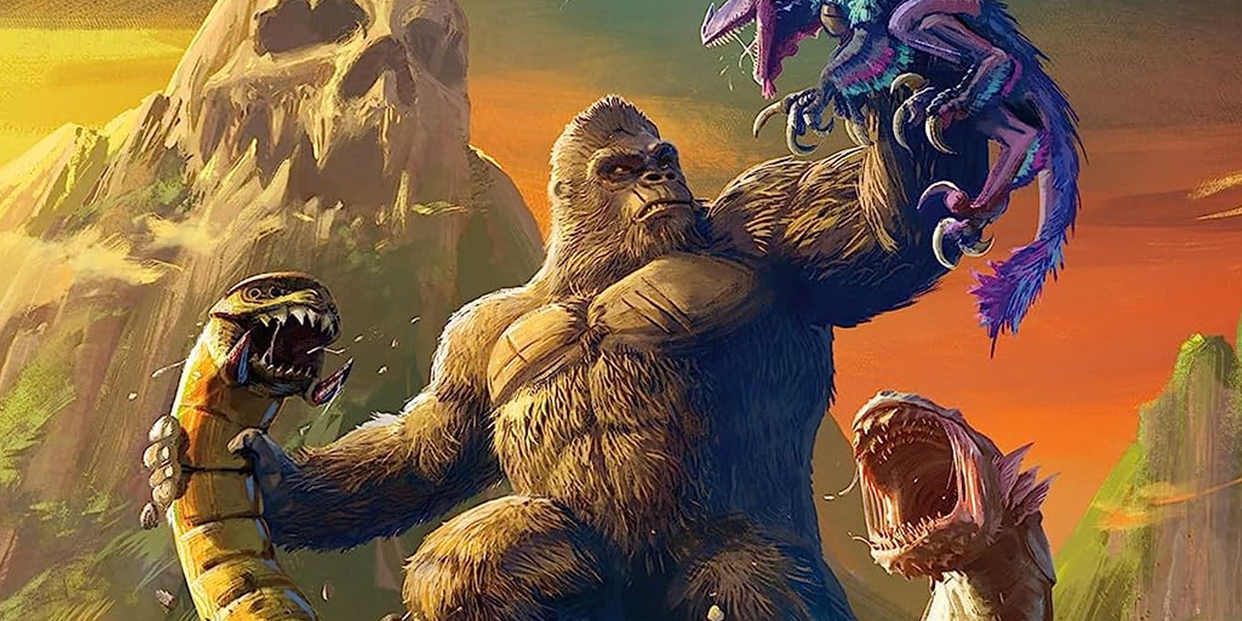 A promotional image of King Kong fighting dinosaurs in Skull Island Rise of Kong.