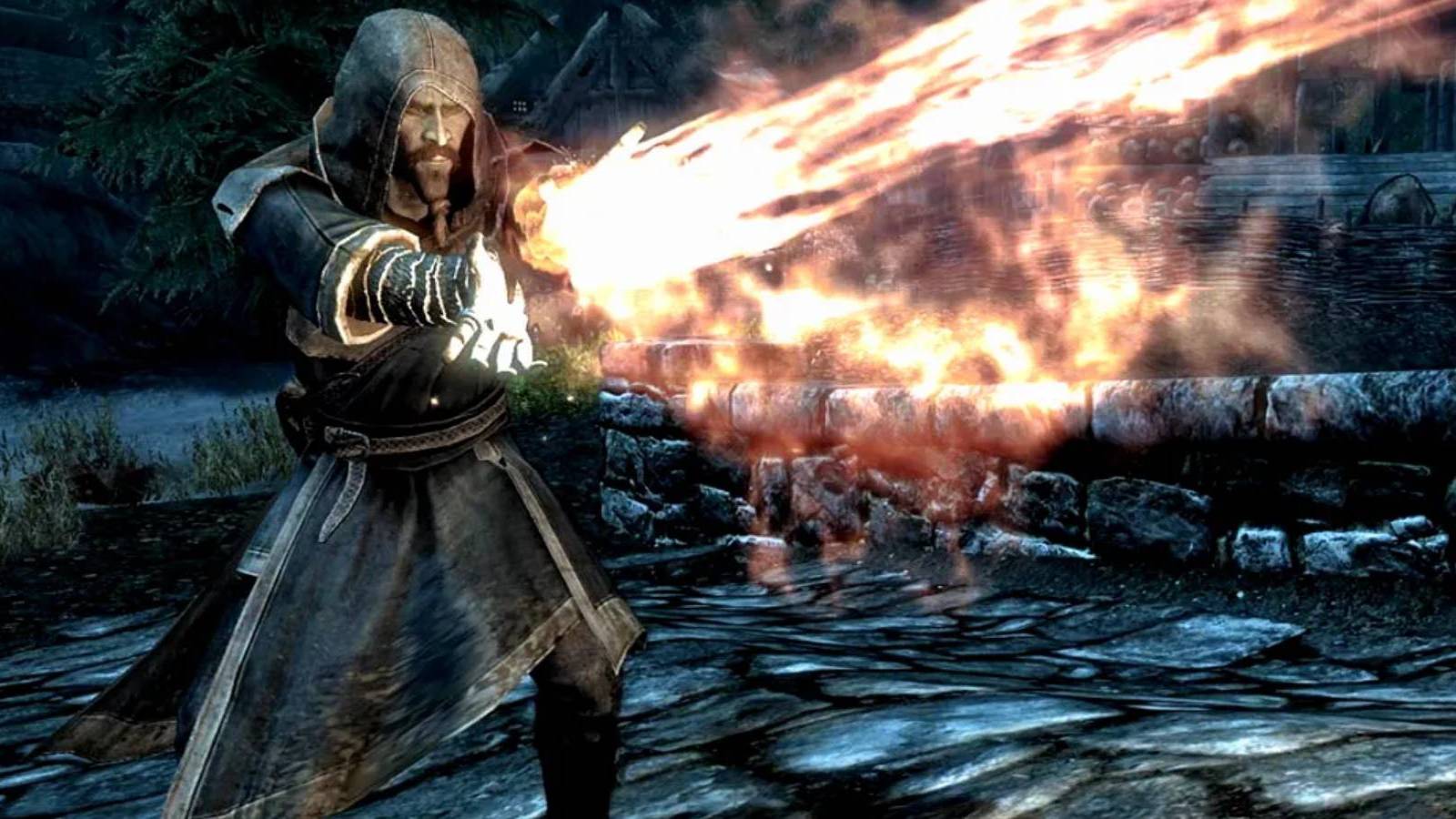 A mage using the Flames spell in Skyrim
