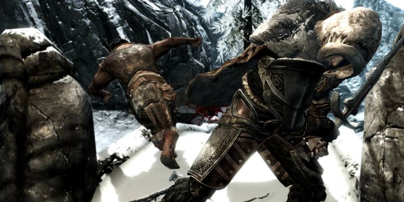 A cloaked dragonborn slaying enemies.