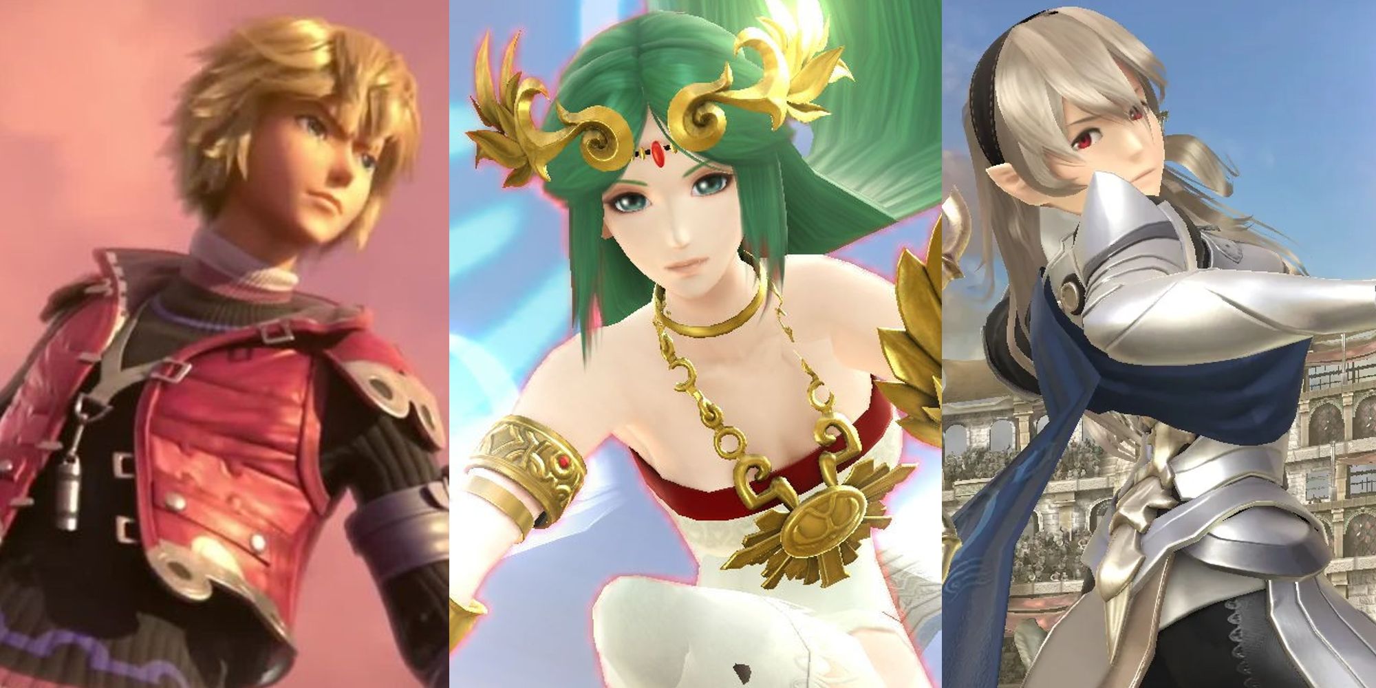 Shulk in a Smash Bros cinematic; Red Team Palutena crouching; Female Corrin posing from behind