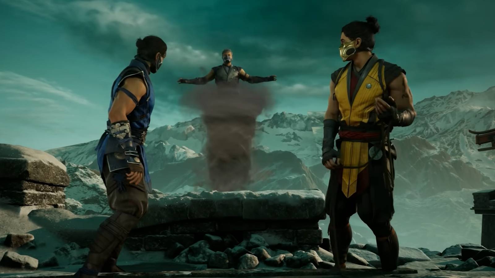 Still from the Lin Kuei trailer for Mortal Kombat 1 showing Smoke rising into the air