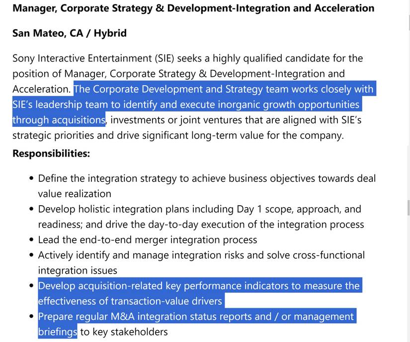 Sony PlayStation job ad for Manager at Corporate Strategy & Development-Integration and Acceleration division excerpts