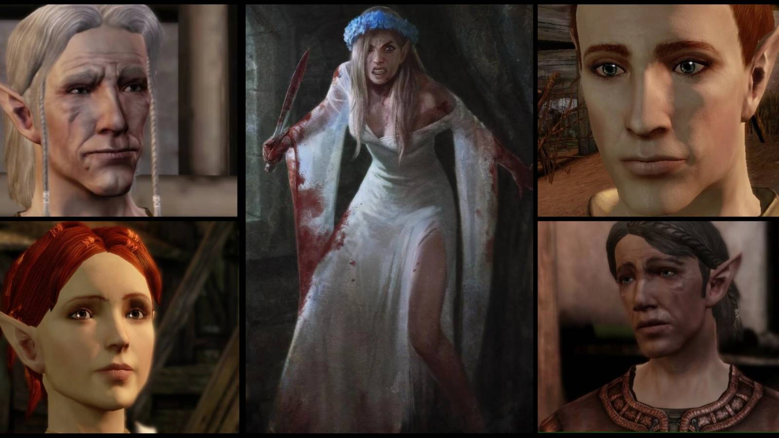 Soris, Cyrion, Shianni, Valendrian, and concept art for the City Elf origin