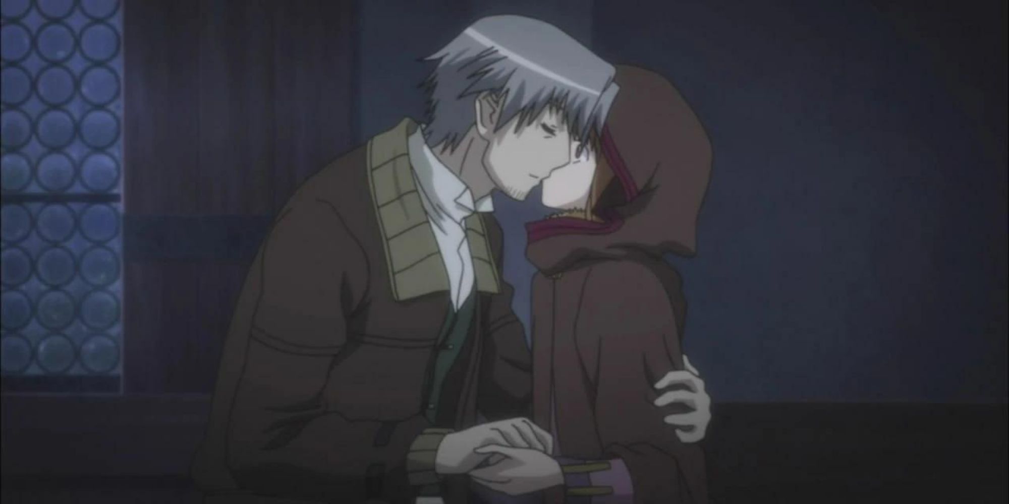 Holo and Lawrence kiss in Spice and Wolf II