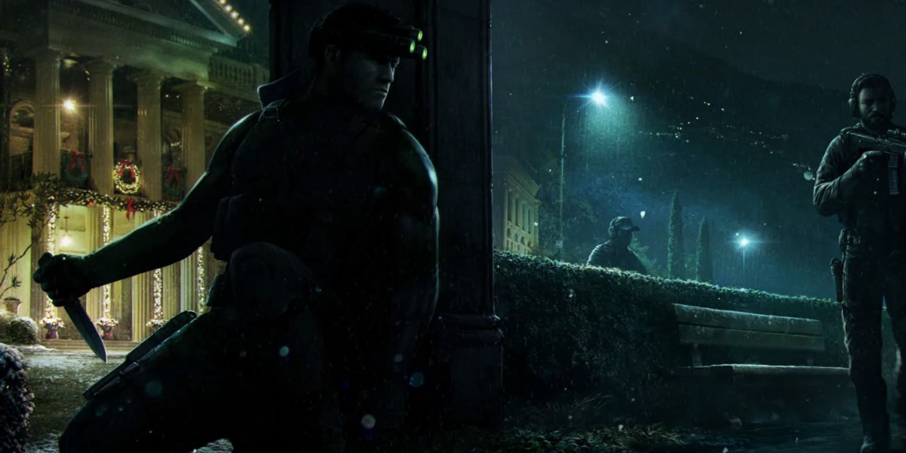 Sam Fisher preparing to take out a patrolling guard