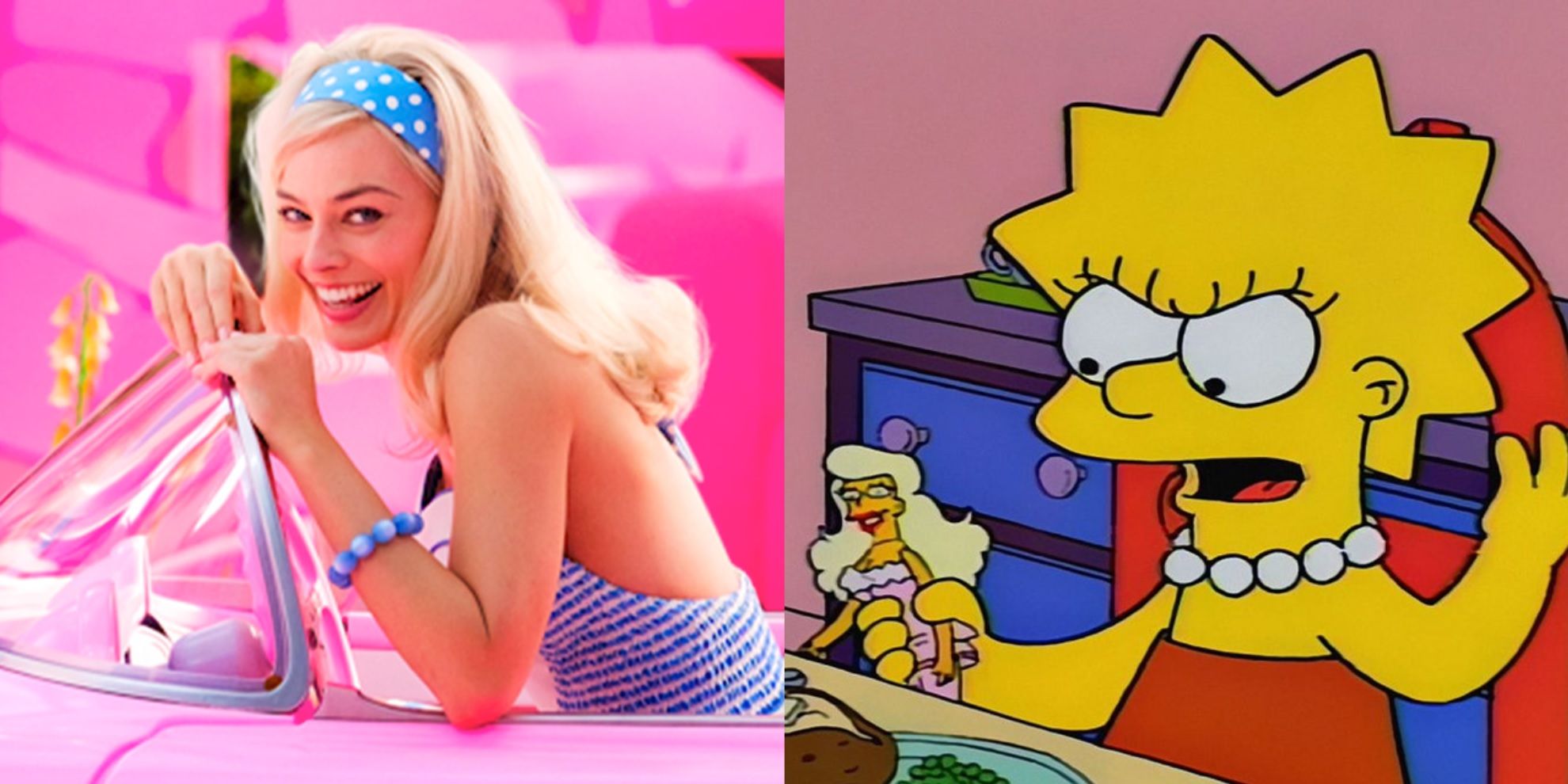 Split image of Margot Robbie in Barbie and Lisa in The Simpsons