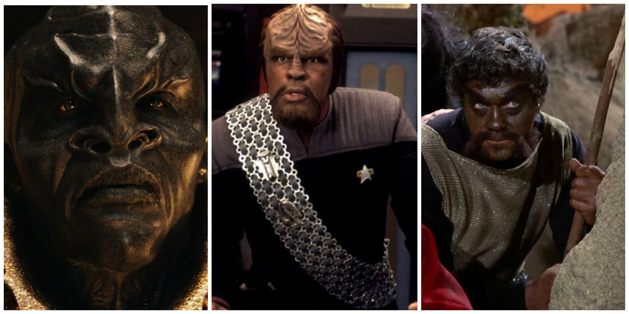 A collage showing three Klingons: T'Kuvma, Worf, and Kahless.