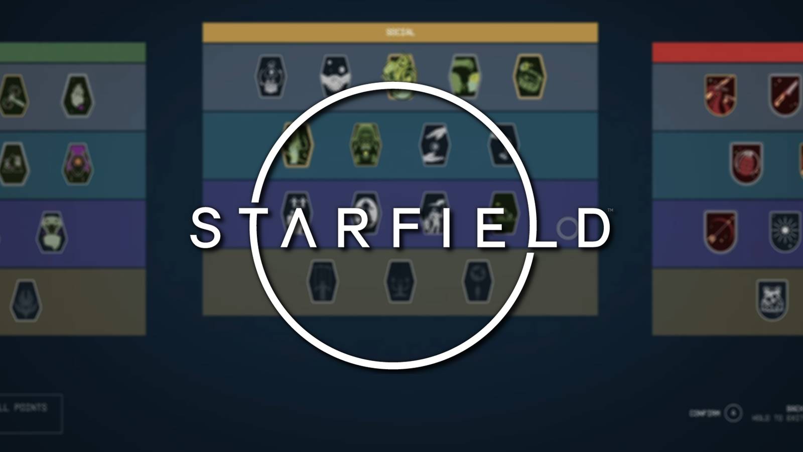 Screenshot of Starfield's skill tree overlaid with the Starfield logo