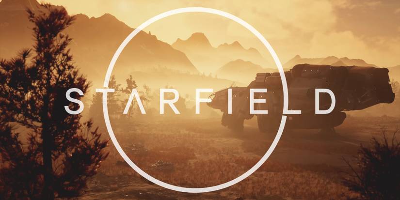 Starfield spaceship in dusty steppe with game logo