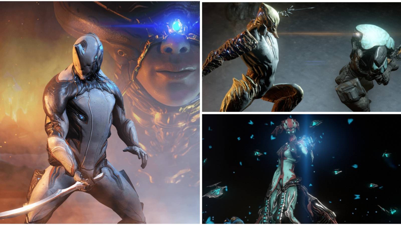 Warframe Duviri Paradox splash art (left), Ash Warframe (top right), Titania Warframe (bottom right)