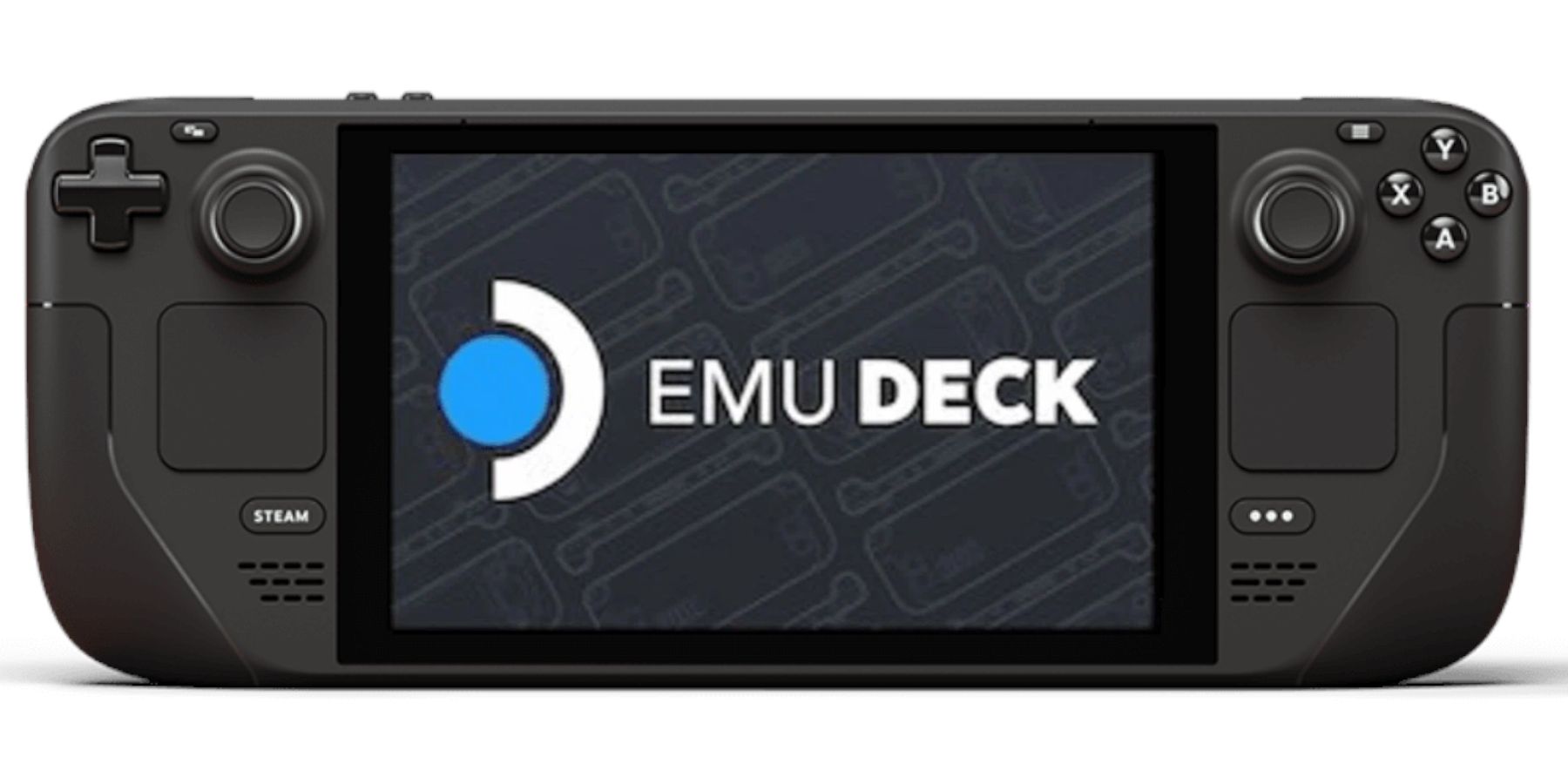 Steam Deck with an EmuDeck logo on the screen