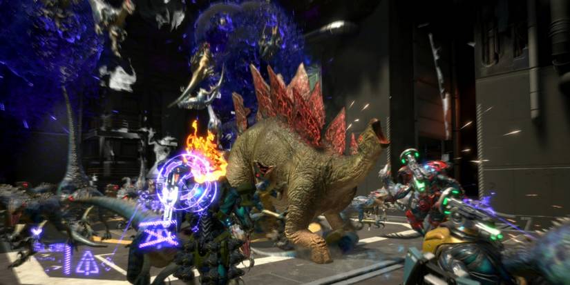 In-game footage of an Stegosaurus from Exoprimal