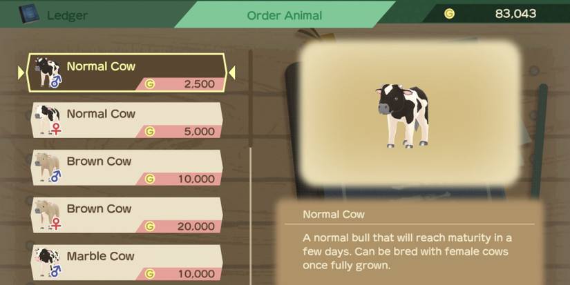 story of seasons a wonderful life cow order animal menu