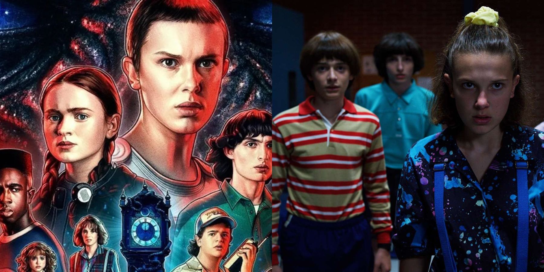 Split image of Stranger Things season 4 poster and Will Byers, Mike Wheeler and Eleven