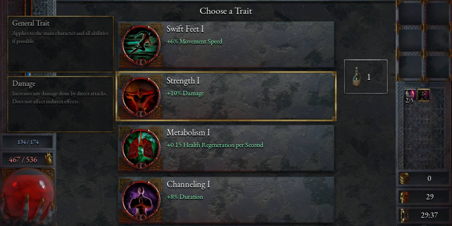 The Strength trait as it appears on the level-up menu in Halls of Torment