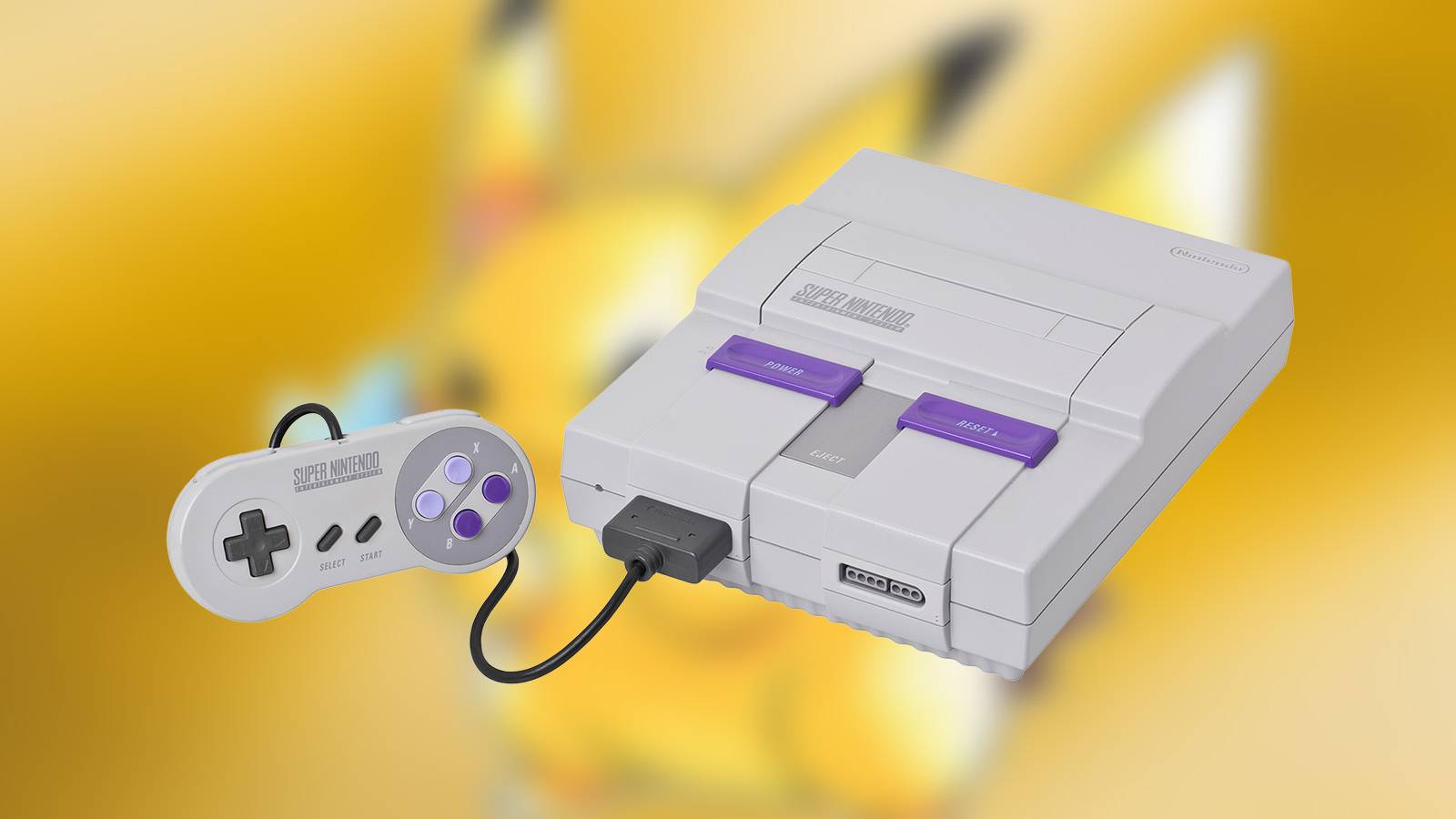 Super Nintendo Entertainment System SNES on blurred Pikachu background