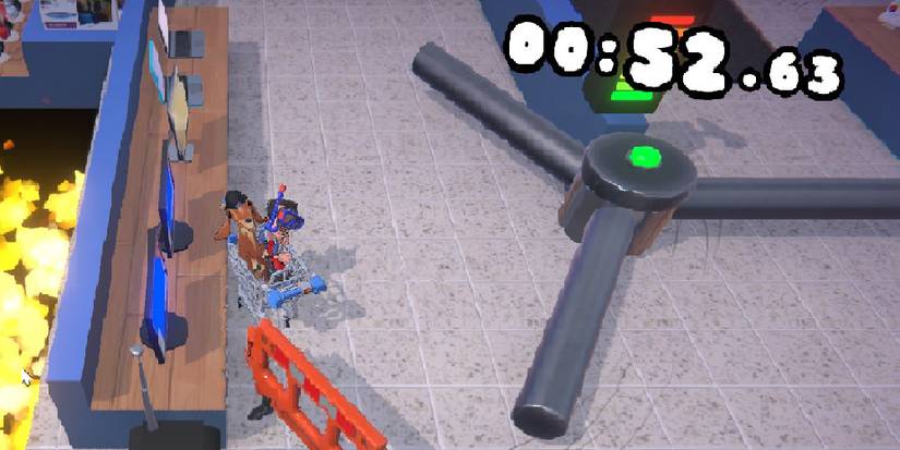 A goat and a human riding in a shopping cart with a pit of fire on the left and a rotating barrier on the right.