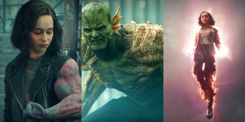 A split image features G'iah using Drax's power, Gravik using Abomination's power, and G'iah using Captain Marvel's power in Secret Invasion episode 6