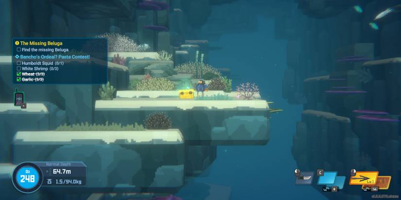 Dave floating next to a supply cache in Dave The Diver