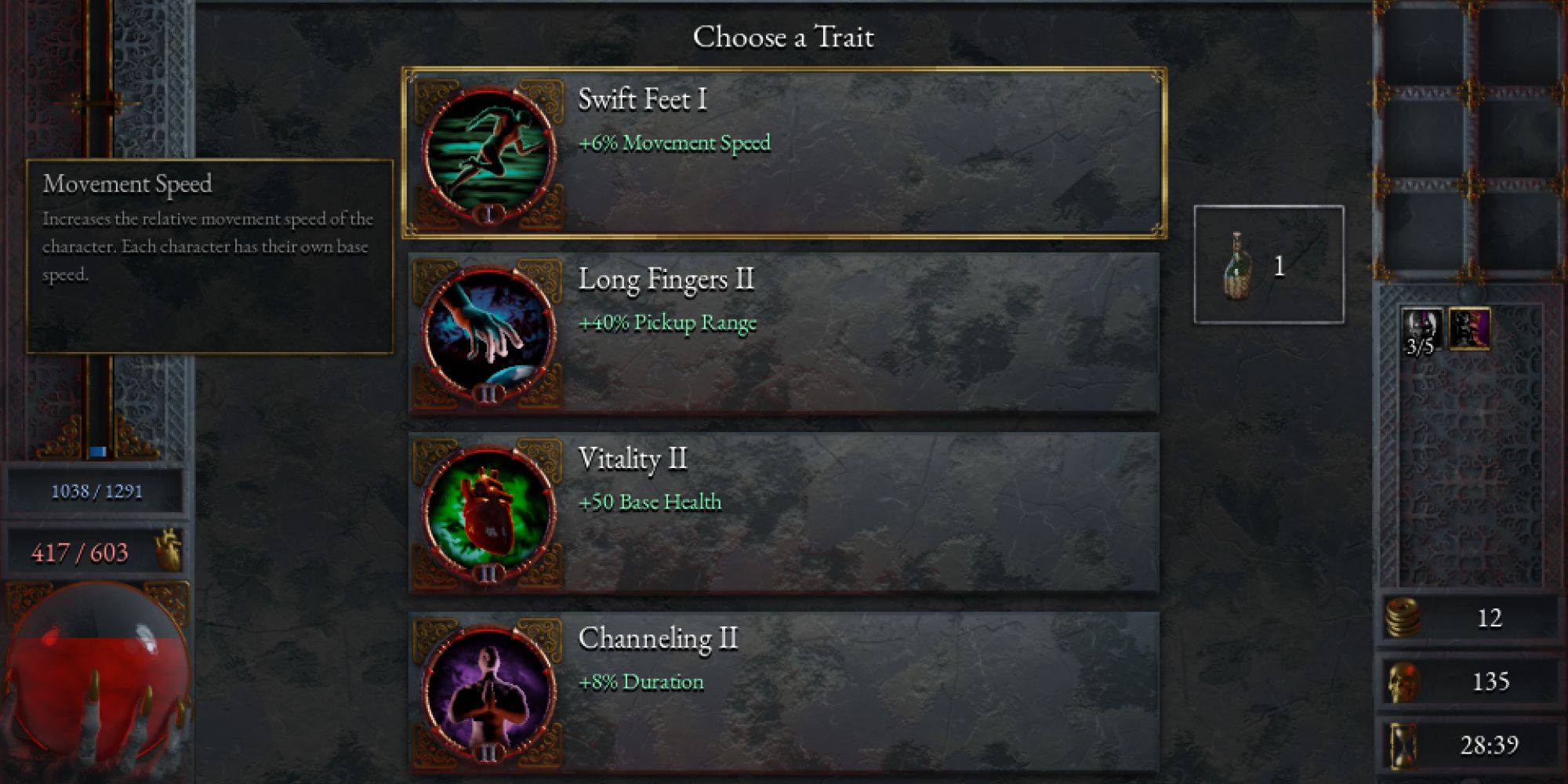 The Swift Feet trait as it appears in the level-up menu in Halls of Torment