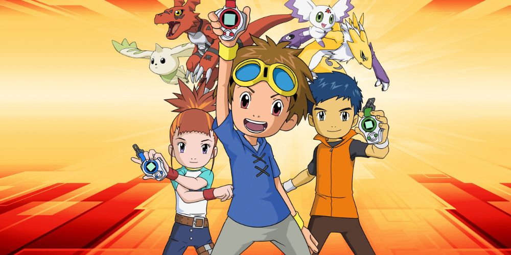 main characters with digimons in the background, holding devices in their hands