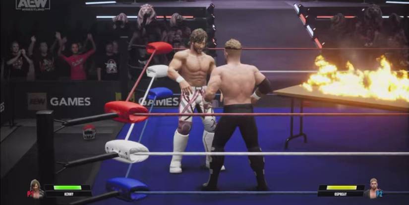 A table being lit on fire in a match in AEW: Fight Forever