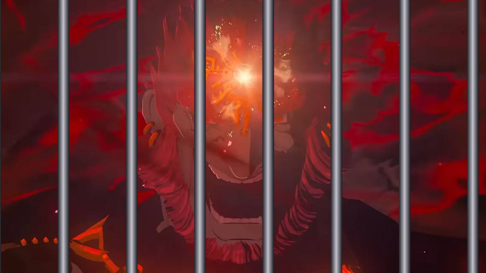 A screenshot of Legend of Zelda: Tears of the Kingdom's Gandorf screaming in rage from behind prison bars.