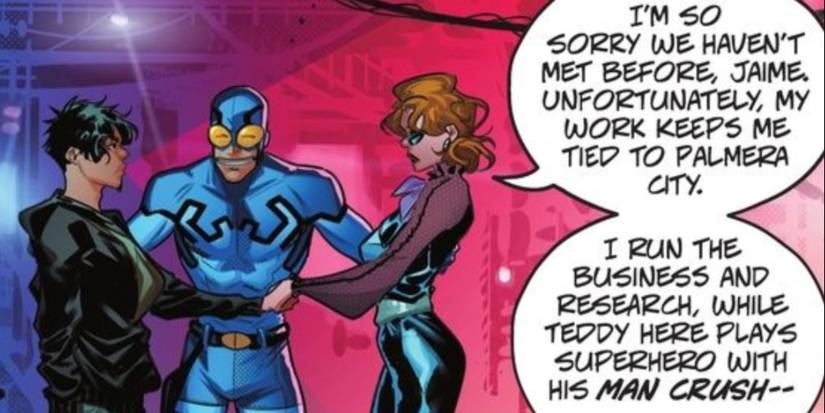Ted Kord introduces Jaime Reyes to Victoria Kord in Blue Beetle comic