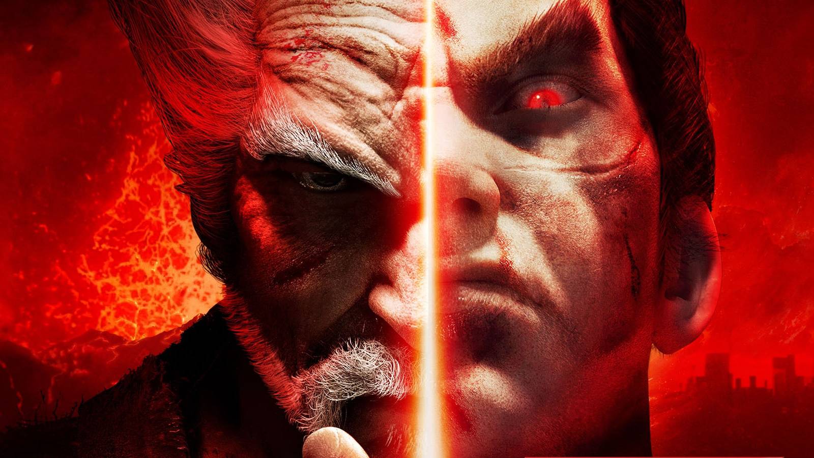 A promotional image ofr Tekken 7 featuring Heihachi Mishima and Kazuya Mishima.