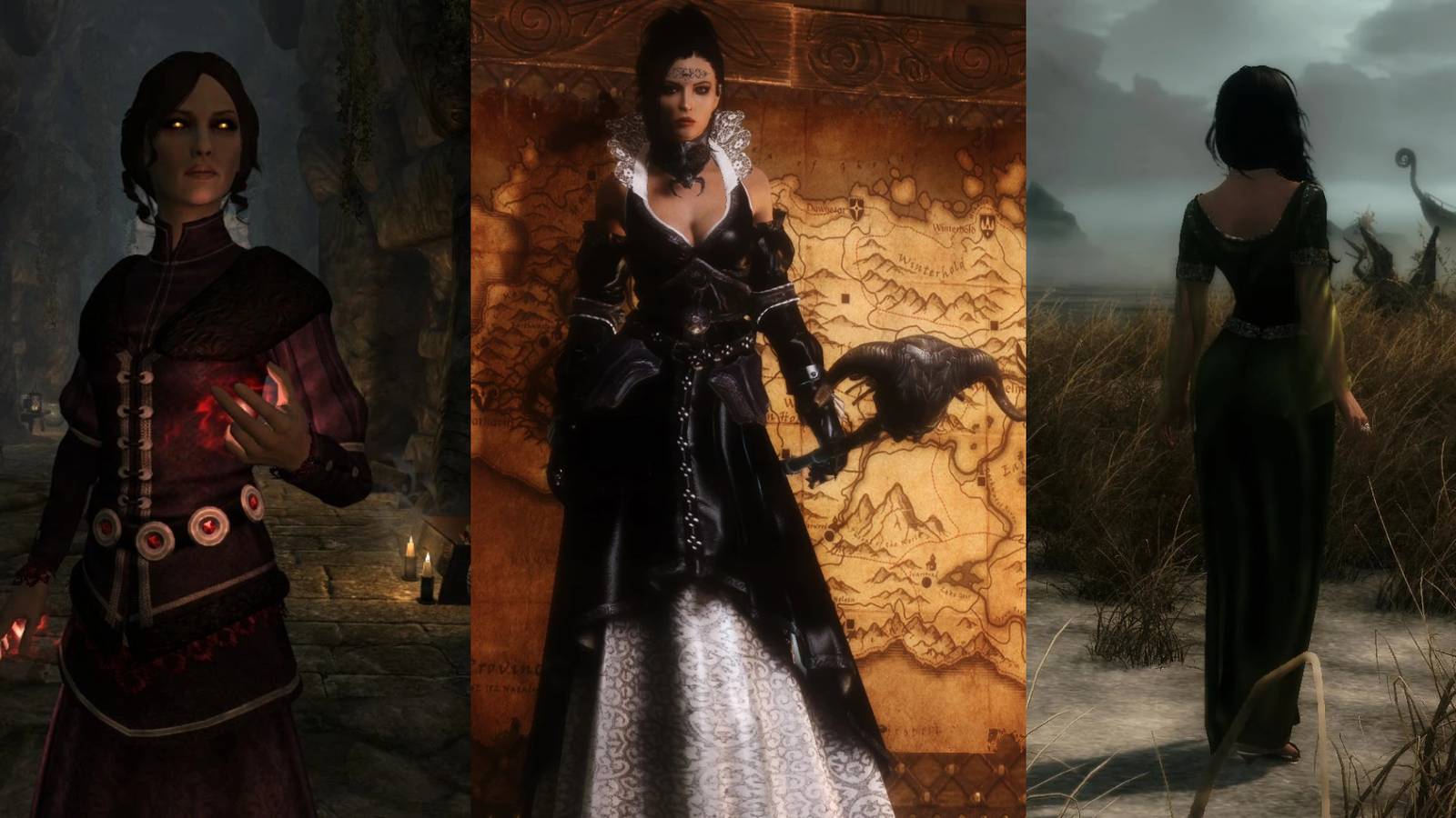 Split image featuring three women fashion mods for Skyrim.
