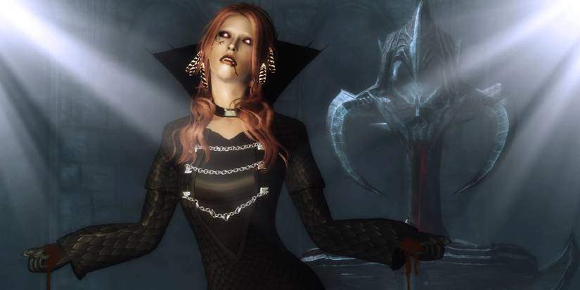A vampiric character from Skyrim in the black high-collared dress, some blood running down from her lips.