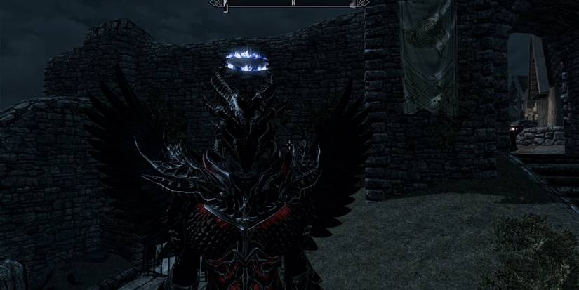 A dovakiin in special armour, a blue halo floating above their head. 