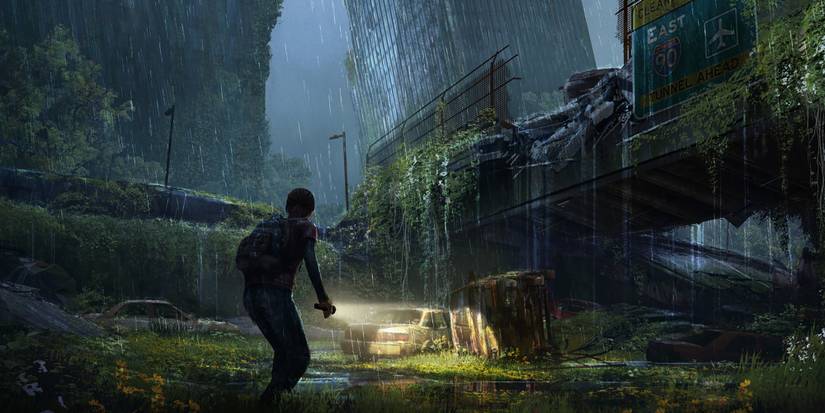 Protagonist shines a flashlight onto a wrecked car in a overgrown cityscape.