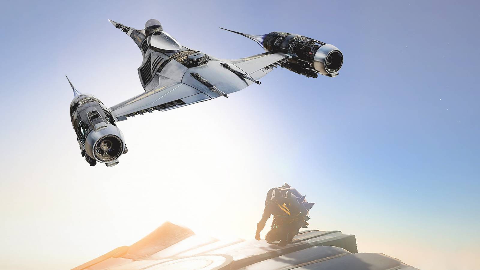 The Legend of Zelda Tears of the Kingdom TOTK Link below N-1 Starfighter from The Mandalorian