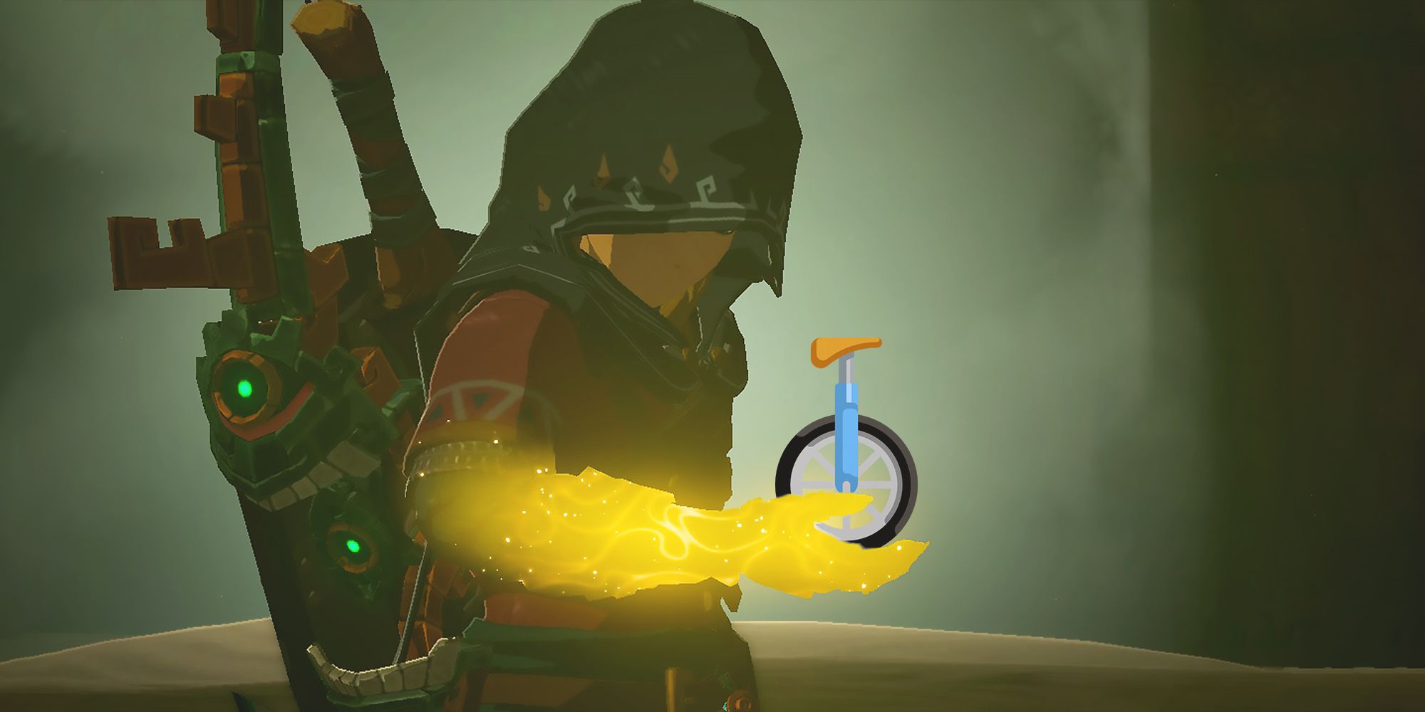 The Legend of Zelda Tears of the Kingdom TOTK Link holding unicycle composite