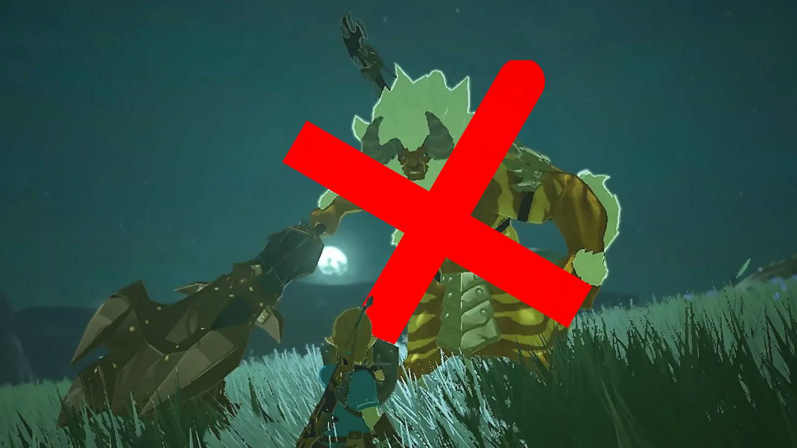 The Legend of Zelda Tears of the Kingdom TOTK Link in front of crossed out Lynel