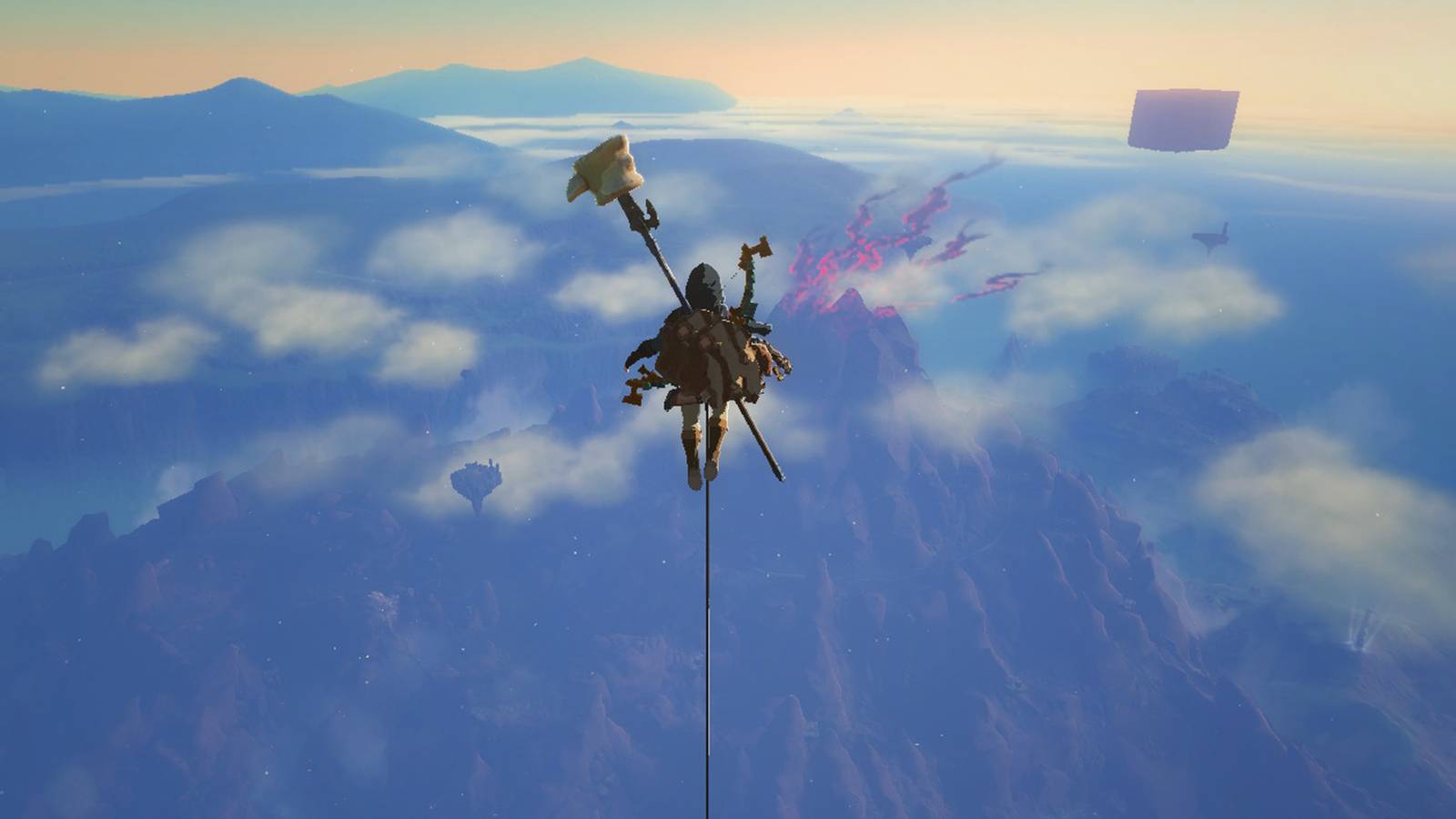The Legend of Zelda Tears of the Kingdom TOTK Link launched from Sykview Tower near Death Mountain