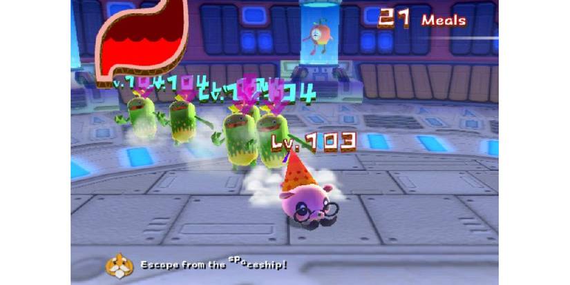 A round, pink, dog-like creature, wearing glasses and a handlebar moustache, running from a row of green aliens inside a space craft. An apple person is floating in a tube behind them. Image source: igdb.com.