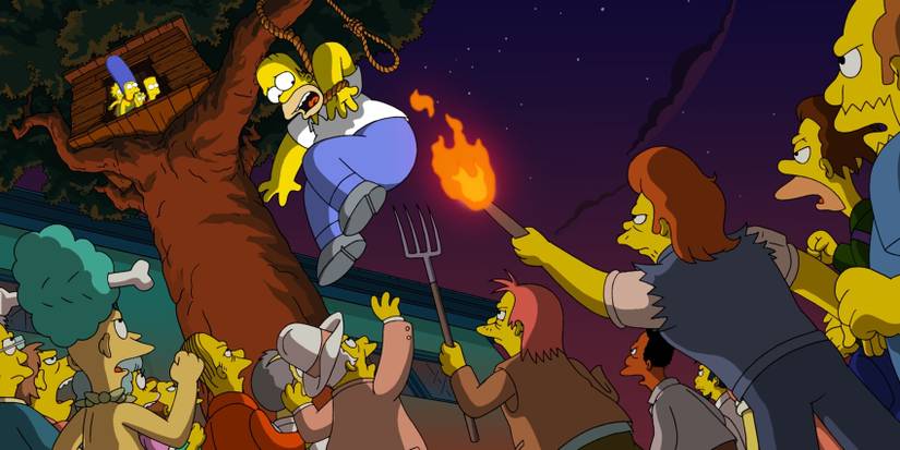The Simpsons flee from an angry mob in The Simpsons Movie
