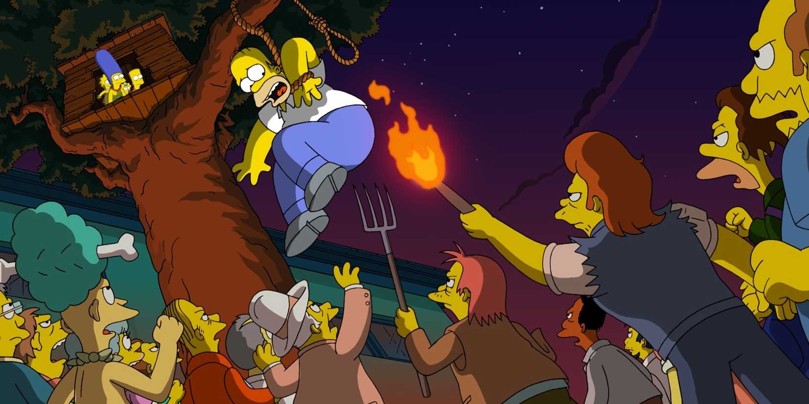 The Simpsons flee from an angry mob in The Simpsons Movie