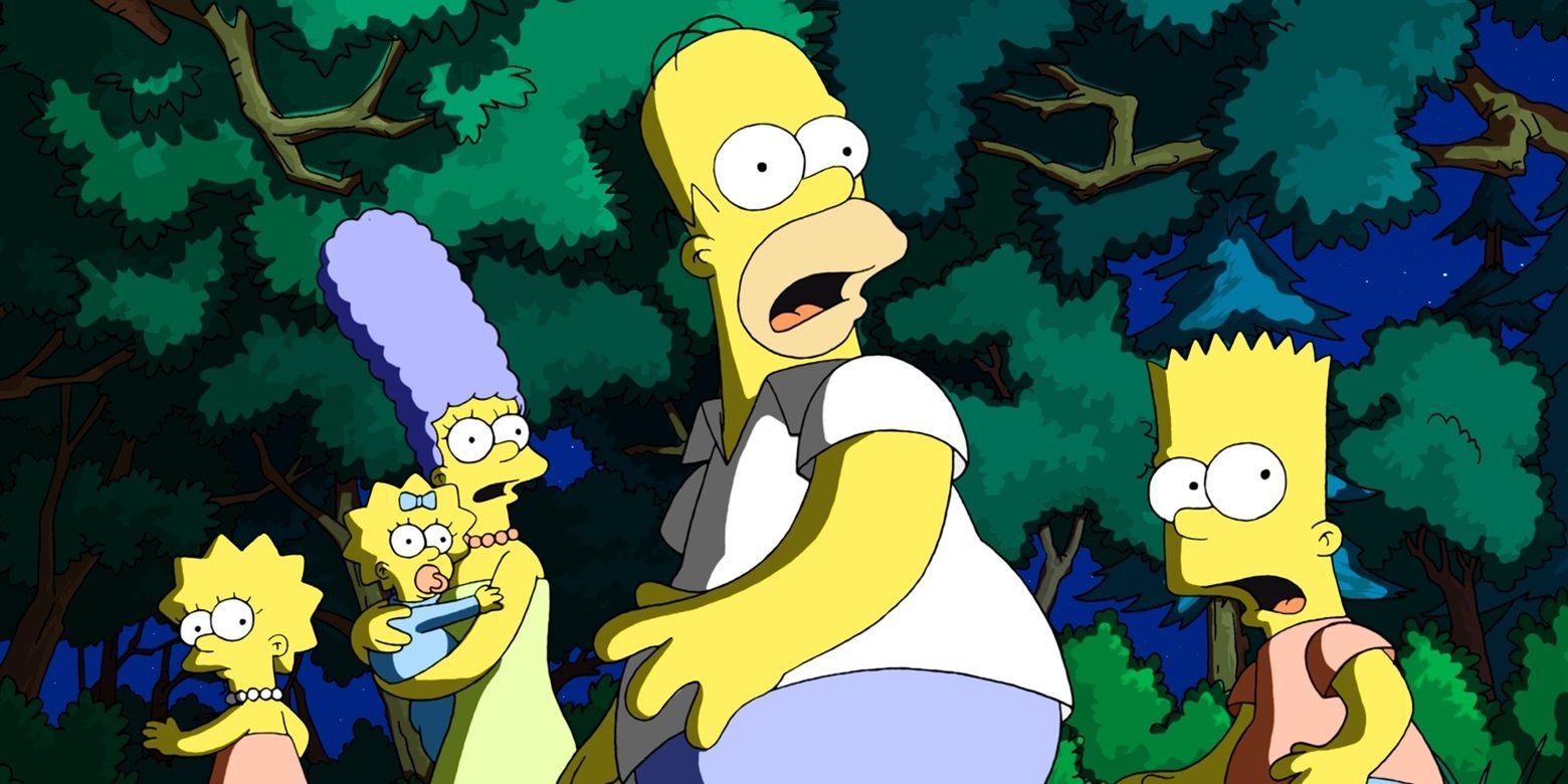 The Simpsons looking back in fear in The Simpsons Movie