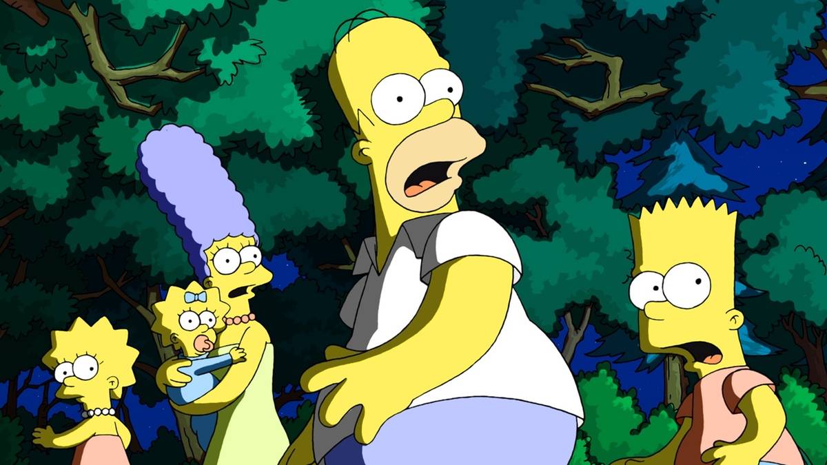 The Simpsons looking back in fear in The Simpsons Movie