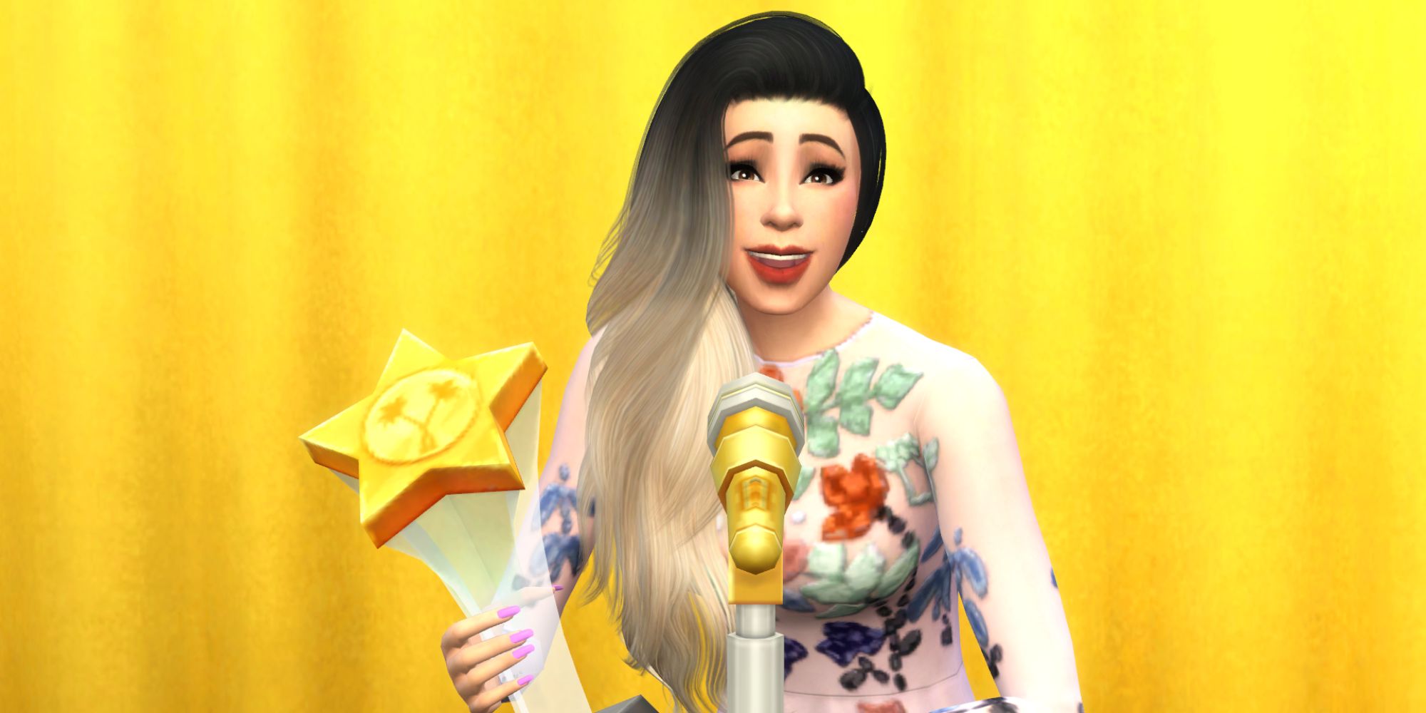Uma atriz Sim posa em frente ao seu prêmio Starlight de Melhor Ator em The Sims 4
