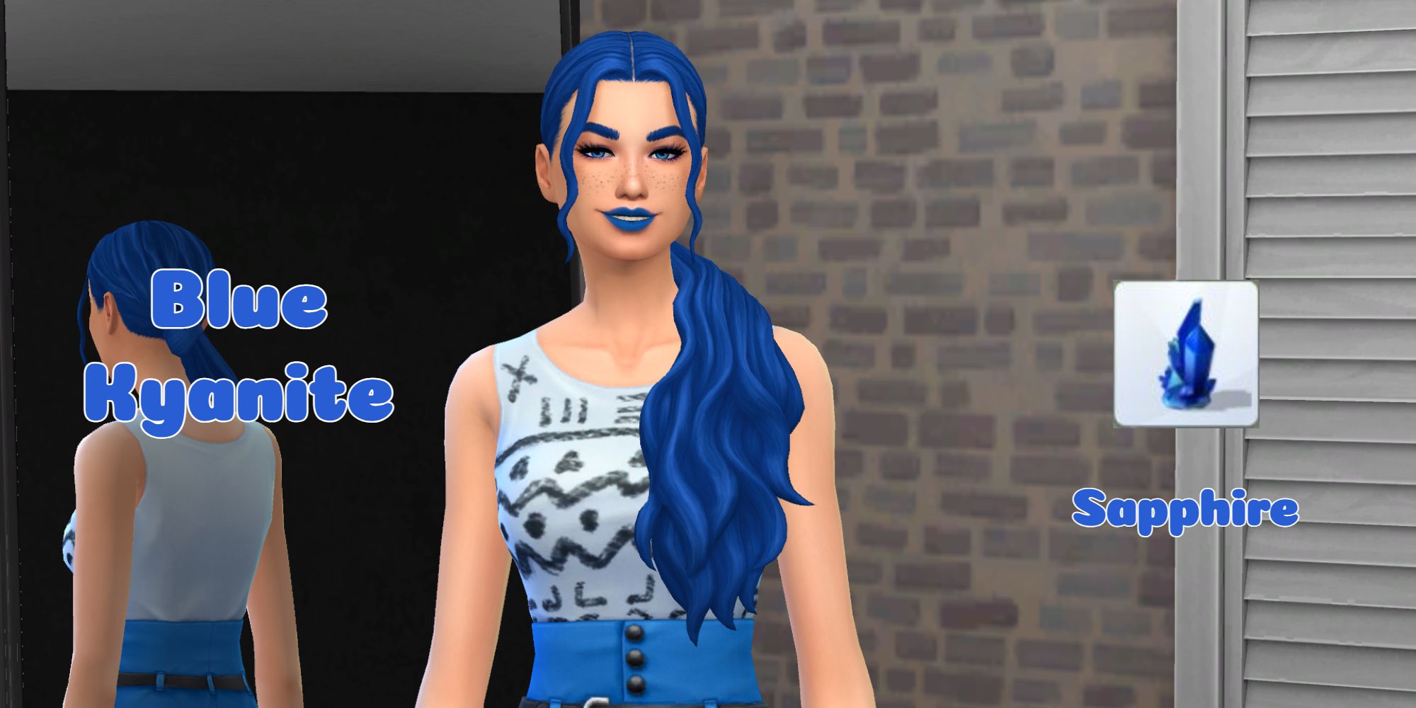 A Sim dressed in blue represents the crystal Blue Kyanite and should collect a sapphire