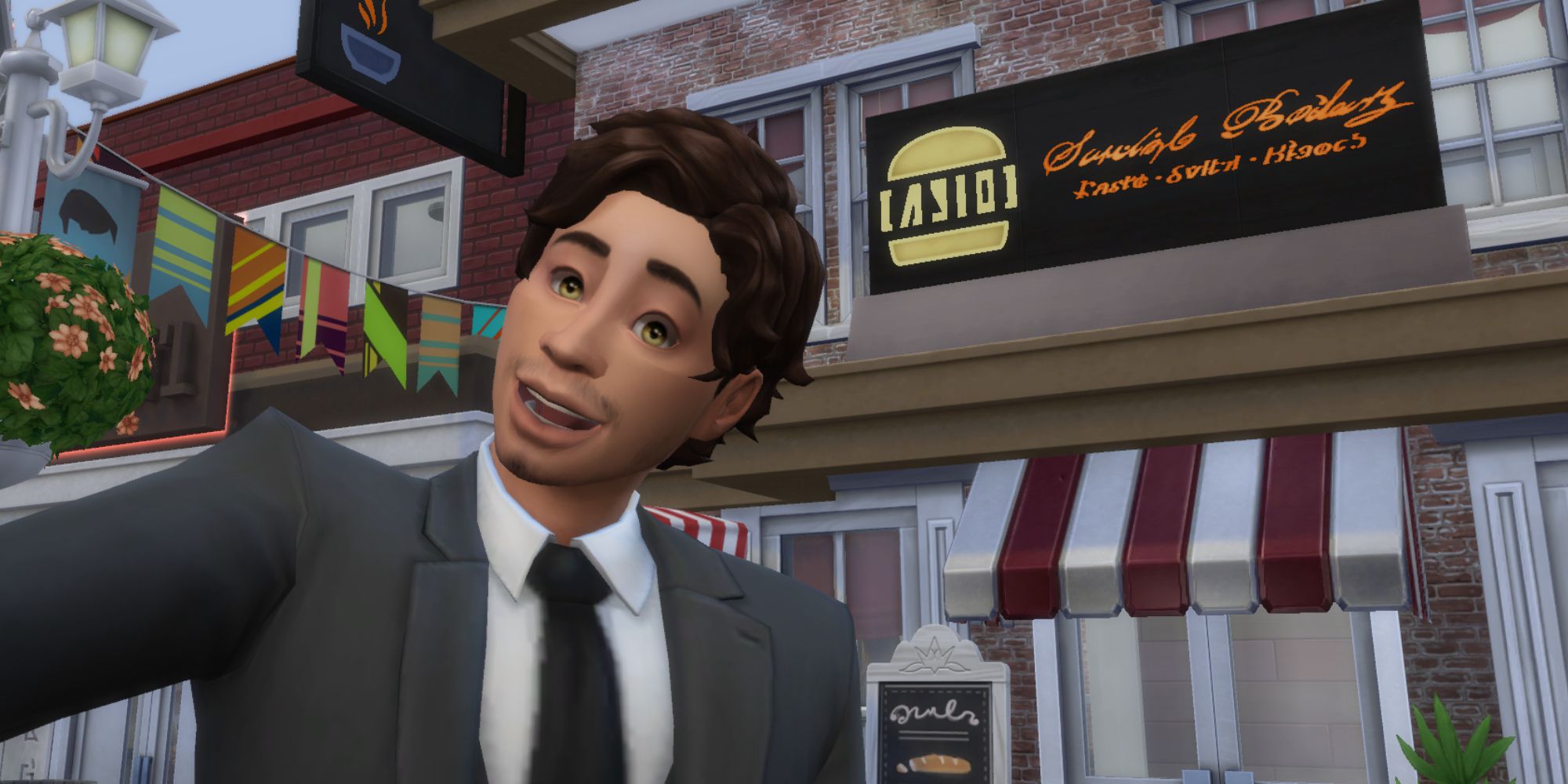 A Sim takes a selfie in front of his new restaurant in The Sims 4